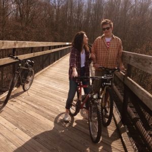 Ohio Pyle has many bike trails where you'll find people walking, walking dogs, and biking. Here's a shot of us on one of the highest bridges riding our bikes. 