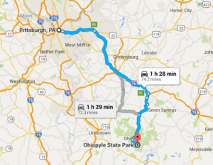 Google maps version of distance from Pittsburgh to OhioPyle.